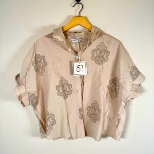 Civico 51 Linen Blend Print Pattern Button Up Down Cropped T-Shirt Top Large NWT